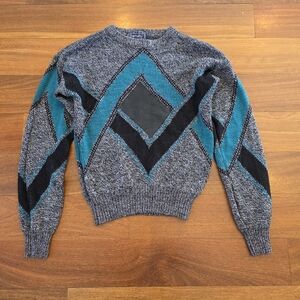Vintage Barnaby Geometric Sweater Leather Patch 80s Grandpa Knit Mens Small
